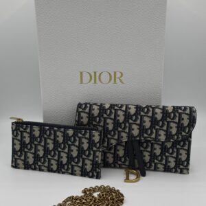 Christian Dior Oblique Saddle Chain Long Wallet Blue